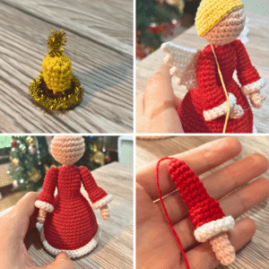 small crochet Christmas angel ornament that's holding a mini candle