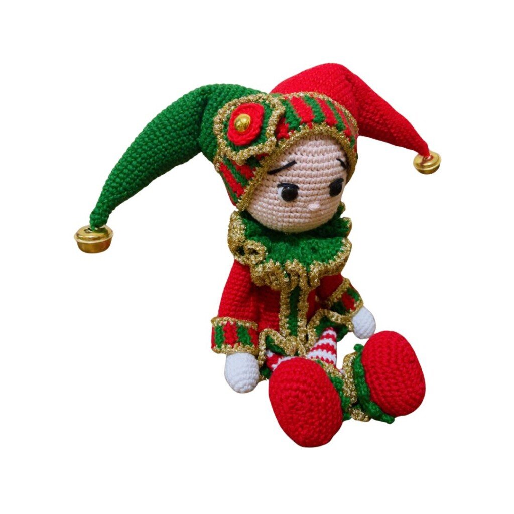 crochet harlequin doll in Christmas colors