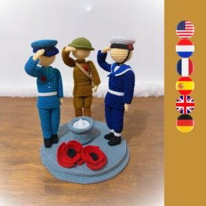 gehaakte soldaat, piloot en matroos met gehaakte klaproos en LED-kaars